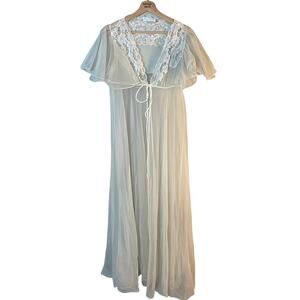 Vintage Flowy Lace Trim Sheer Full Sweep Flutter Robe Peignoir Negligee White